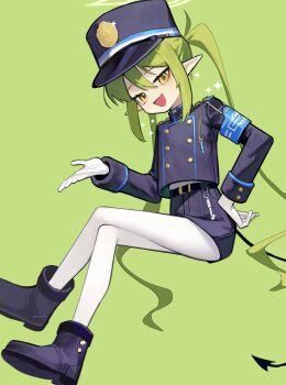 1girl absurdres armband black_tail blue_archive blue_armband buttons commentary demon_tail double-breasted english_commentary fang gloves green_background green_hair green_halo halo hat highres long_hair long_sleeves nozomi_(blue_archive) open_mouth pantyhose peaked_cap pointy_ears skin_fang tail train_conductor twintails very_long_hair white_gloves white_pantyhose yellow_eyes yoon_cook