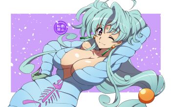 Rule 34 | 1girl, absurdres, ahoge, animal print, aoi shouta, arm behind head, blue bodysuit, blue hair, bodysuit, border, breasts, brown eyes, cagliostro (symphogear), cleavage, closed mouth, collarbone, commentary request, commission, cosplay, dutch angle, earrings, fish eye (sailor moon), fish eye (sailor moon) (cosplay), fish print, forehead jewel, gloves, green gloves, hair ornament, hand on own hip, highres, huge breasts, jewelry, kanaden, long hair, looking at viewer, low-tied long hair, one eye closed, outside border, plunging neckline, print bodysuit, purple background, purple nails, senki zesshou symphogear, sidelocks, skeb commission, smile, solo, sphere earrings, sphere hair ornament, standing, two side up, very long hair, voice actor connection, white border