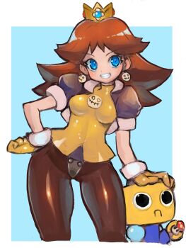 1boy 1girl blue_eyes brown_hair capcom crown dakusuta dress earrings gloves highres jacket jewelry long_hair mega_man_(series) mega_man_legends_(series) nintendo pantyhose princess_daisy robot servbot_(mega_man)
