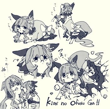 1girl :&lt; animal_ears animalization biting_own_lip bow bowtie commentary creature ear_covers ears_down gentildonna_(umamusume) highres holding holding_creature hooves horse_ears horse_girl horse_tail monochrome multicolored_hair puffy_short_sleeves puffy_sleeves rearing sailor_collar sailor_shirt scared school_uniform shirt short_sleeves sidelocks tail takatsuki_nato tongue tongue_out tracen_school_uniform translation_request umamusume verxina_(umamusume) yawning yellow_theme