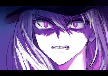Rule 34 | 1girl, absurdres, bang dream!, bang dream! it's mygo!!!!!, baseball cap, blonde hair, clenched teeth, commentary, fang, hair between eyes, hashtag-only commentary, hat, highres, letterboxed, misumi uika, portrait, purple eyes, solo, teeth, xinyi6239222644