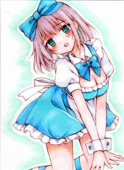 1girl apron blue_bow blue_bowtie blue_dress blush bow bowtie breasts cleavage collared_dress dot_nose dress feet_out_of_frame green_eyes hair_bow hashtag-only_commentary highres kzfibkpon688647 large_breasts looking_at_viewer marker_(medium) open_mouth original outline petticoat pink_hair raised_inner_eyebrows short_hair short_sleeves solo traditional_media white_apron white_outline white_sleeves white_wrist_cuffs wing_collar wispy_bangs wrist_cuffs