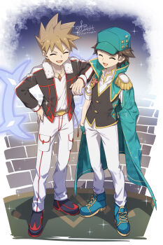 2boys 88_(einnimnech) alternate_color arm_on_another&#039;s_shoulder black_jacket black_vest blue_cape blue_gloves blue_hat blue_oak blue_oak_(arc_suit) brown_hair cape closed_eyes collarbone epaulettes fingerless_gloves full_body fur_trim gem gloves hat hat_ornament highres jacket jewelry male_focus multiple_boys necklace nintendo official_alternate_costume open_clothes open_jacket open_mouth pants pokemon pokemon_masters_ex popped_collar red_(anniversary_2025)_(pokemon) red_(pokemon) red_gemstone shirt shoes short_hair smile spiked_hair star_(symbol) star_hat_ornament vest white_pants white_shirt
