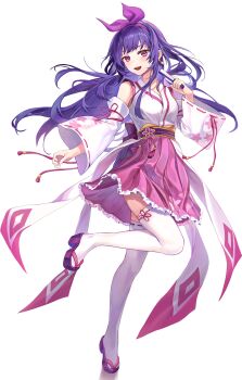 1girl artist_request ayanokouji_kanna blush breasts brown_sandals detached_sleeves dot_nose earrings floating_hair flower_knot folded_fan folding_fan frilled_hakama frilled_skirt frills full_body hairband hakama hakama_skirt hand_fan highres holding holding_fan japanese_clothes jewelry kimono leg_up long_hair long_sidelocks long_sleeves looking_at_viewer maplestory maplestory_m medium_breasts miniskirt nexon obi obiage obidome obijime official_art okobo open_mouth pink_hakama pink_skirt platform_sandals purple_eyes purple_hair purple_hairband purple_sash red_ribbon ribbon ribbon-trimmed_sleeves ribbon-trimmed_thighhighs ribbon_trim sandals sash second-party_source sidelocks simple_background skirt sleeve_ribbon sleeveless sleeveless_kimono solo standing standing_on_one_leg straight_hair tassel teeth thighhighs transparent_background upper_teeth_only very_long_hair white_kimono white_sleeves white_thighhighs wide_sleeves