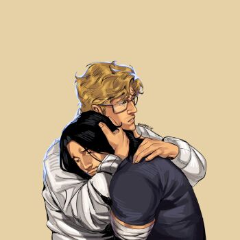 Rule 34 | 2boys, bandaged arm, bandages, beard, black hair, black shirt, blonde hair, commentary, crossover, english commentary, facial hair, genre connection, glasses, hand on another's back, hand on another's head, head on another's shoulder, highres, hug, iron lung (movie), jacket, male focus, multiple boys, neozero rixx, parted lips, project hail mary, ryland grace, shirt, sideburns, simon (iron lung), wavy hair, white jacket, yaoi