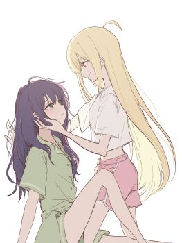2girls blonde_hair blush cho_kaguya-hime! closed_mouth commentary dolphin_shorts emio green_eyes green_shirt green_shorts hand_in_another's_hair highres kaguya_(cho_kaguya-hime!) long_hair multiple_girls pink_shorts purple_hair red_eyes sakayori_iroha shirt shorts simple_background smile white_background white_shirt yuri