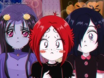 1990s_(style) 3girls animification artist_name black_dress blush brenni_murasaki colored_skin dress food hair_ornament iris_(ruby_gloom) long_hair long_sleeves misery_(ruby_gloom) multiple_girls one-eyed puffy_short_sleeves puffy_sleeves pumpkin purple_dress purple_eyes purple_skin red_eyes red_hair retro_artstyle ribbon ruby_gloom ruby_gloom_(character) sad short_hair short_sleeves vegetable veil white_skin
