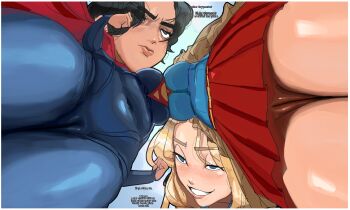 2girls animification asymmetrical_docking black_eyes blonde_hair blue_bodysuit blue_eyes blue_sky bodysuit boots bottomless breast_press breasts cameltoe cape clenched_hands commentary covered_navel crop_top day dc_comics dc_extended_universe dc_universe_(franchise) dolekat english_commentary english_text female_focus from_below highres large_breasts leotard lips long_hair long_sleeves multiple_girls multiple_views navel open_mouth pussy red_boots red_cape selfcest serious shiny_skin short_hair skin_tight skirt sky sleeved_leotard smile smug supergirl superhero_costume superman_(2025) superman_(series) superman_logo the_flash_(movie)