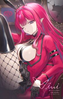 Rule 34 | 1girl, adversarial noise, animal ears, baobhan sith (fate), black gloves, breasts, commentary, fate/grand order, fate (series), gloves, grey eyes, highres, leotard, looking at viewer, one eye closed, pink hair, pointy ears, rabbit ears, red leotard, sidelocks, siiqa vivi, sitting, solo, symbol-only commentary