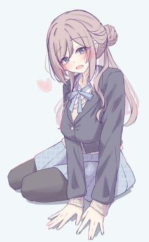 1girl black_pantyhose blazer blue_eyes blue_jacket blue_ribbon blue_skirt blush breasts brown_hair gakuen_idolmaster hair_bun hatsuboshi_gakuen_school_uniform highres himesaki_rinami idolmaster jacket large_breasts long_hair long_sleeves looking_at_viewer neck_ribbon open_mouth pantyhose ribbon school_uniform shirt simple_background single_side_bun sitting skirt smile solo sweater tofu_thunder white_shirt yellow_sweater yokozuwari