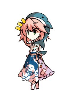 1girl animal_print apron arms_behind_back blue_apron boots chibi chibi_only collared_shirt commentary_request dairi fish_print frilled_skirt frills full_body large_variant_set long_sleeves ofuda ofuda_on_clothes okunoda_miyoi pink_hair pink_skirt print_apron shirt short_hair sidelocks simple_background skirt solo standing tachi-e touhou transparent_background variant_set waist_apron whale_hat whale_print white_boots white_shirt