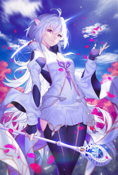 1girl absurdres ahoge black_gloves black_pants breasts fate/grand_order fate/prototype fate_(series) fingerless_gloves gloves highres holding holding_staff huge_filesize lemonpear long_hair long_sleeves looking_at_viewer medium_breasts merlin_(fate/prototype) merlin_(second_ascension)_(fate/prototype) pants purple_eyes robe smile staff thighs very_long_hair white_hair white_robe wide_sleeves