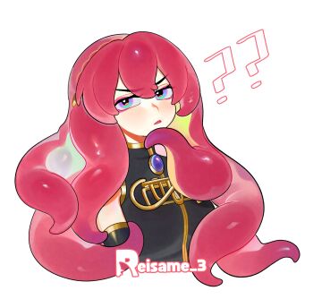 1girl ? ?? artist_name blue_eyes brooch commentary cropped_torso detached_sleeves english_commentary headphones highres jewelry long_hair looking_to_the_side megurine_luka open_mouth pink_hair reisame shirt sleeveless sleeveless_shirt solo tentacle_hair thinking vocaloid