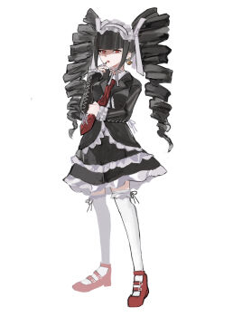 Rule 34 | 1girl, a-ru (r dngn), black hair, black jacket, black nails, celestia ludenberg, commentary request, danganronpa: trigger happy havoc, danganronpa (series), drill hair, earrings, frills, gothic lolita, highres, jacket, jewelry, layered skirt, lolita fashion, long hair, long sleeves, looking at viewer, nail polish, necktie, red eyes, red necktie, shirt, skirt, smile, solo, standing, twin drills, twintails