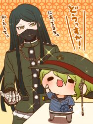 Rule 34 | 2boys, amami rantaro, bandaged hand, bandages, belt, black belt, black eyes, black footwear, black hair, black mask, blue shirt, blue sleeves, blunt ends, brown pants, buttons, chain, chain necklace, chibi, collared jacket, commentary request, covered mouth, cowboy shot, danganronpa (series), danganronpa v3: killing harmony, eyelashes, gakuran, gradient background, green eyes, green hair, green hat, green jacket, green pants, green sleeves, hair between eyes, hand on own cheek, hand on own face, hand on own hip, hat, jacket, jewelry, layered sleeves, light blush, long hair, long sleeves, looking at another, male focus, mask, mouth mask, multiple boys, multiple bracelets, necklace, on table, open mouth, orange background, outstretched hand, oversized hat, pants, patterned background, peaked cap, pendant, school uniform, shadow, shinguji korekiyo, shirt, shoes, short hair, shoulder spikes, sidelocks, simple background, sleeves past elbows, smile, solid oval eyes, sparkle, spikes, standing, straight hair, striped clothes, striped shirt, table, translation request, v-shaped eyebrows, vertical-striped sleeves, very long hair, white undershirt, yumaru (marumarumaru), zipper