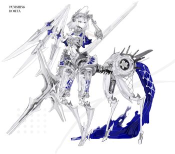 Rule 34 | 1girl, alternate costume, arm up, bare shoulders, blue eyes, centaur, character name, chinese commentary, closed mouth, commentary request, copyright name, cyborg, full body, grey hair, hair between eyes, headgear, high-heeled mechanical legs, highres, holding, holding polearm, holding weapon, joints, mecha musume, mechabare, mechanical arms, mechanical legs, mechanical spine, mechanical wings, medium hair, multiple legs, polearm, punishing: gray raven, robot joints, rosetta (pgr), sidelocks, simple background, solo, standing, taur, weapon, white background, wings, zhnjicis1676071