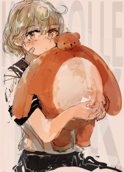 1girl bandaid bandaid_on_cheek bandaid_on_face black_sailor_collar black_skirt brown_hair closed_mouth copyright_name custom_(cus-tom) hair_between_eyes holding holding_stuffed_toy kantai_collection looking_at_viewer oboro_(kancolle) sailor_collar school_uniform serafuku short_hair short_sleeves simple_background skirt solo stuffed_animal stuffed_toy teddy_bear