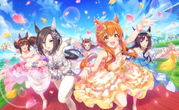 5girls air_groove_(quercus_civilis)_(umamusume) air_groove_(umamusume) animal_ear_piercing animal_ears armlet artist_request asymmetrical_bangs audience bare_shoulders bare_tree bead_bracelet beads blue_bow blue_corset blue_eyes blue_sky bouquet bow bracelet braid breasts bridal_gauntlets bridal_veil bride brooch brown_hair bun_with_braided_base choker cleavage cloud corset detached_sleeves dot_nose double_bun dress ear_covers ear_ornament earrings emphasis_lines eyelashes eyes_visible_through_hair floating_clothes floral_print flower flower_brooch frilled_dress frilled_gloves frilled_sleeves frills full_body game_cg gloves gown hair_beads hair_between_eyes hair_bun hair_flower hair_ornament hairclip happy heart heart_earrings high_heels highres hishi_akebono_(umamusume) hishi_akebono_(who_wants_the_first_bite?)_(umamusume) holding holding_bouquet horse_ears horse_girl horse_tail jewelry kawakami_princess_(princess_bride)_(umamusume) kawakami_princess_(umamusume) knees lace lace-trimmed_bow lace-trimmed_dress lace_bridal_gauntlets lace_choker lace_trim large_breasts laurel_crown leaf leg_up light_blush light_particles long_hair long_hair_between_eyes looking_ahead mayano_top_gun_(sunlight_bouquet)_(umamusume) mayano_top_gun_(umamusume) medium_dress mejiro_dober_(my_thoughts_my_desires)_(umamusume) mejiro_dober_(umamusume) multiple_earrings multiple_girls official_alternate_costume official_art open_mouth orange_hair pantyhose petals pink_bow pink_dress pink_flower pink_rose pink_shoes print_dress puffy_short_sleeves puffy_sleeves purple_flower purple_rose racing red_carpet ring rose rose_petals running shoes short_hair_with_long_locks short_sleeves showgirl_skirt single_ear_cover single_hair_bun skirt_hold sky sleeveless sleeveless_dress smile sparkle strapless strapless_dress sunflower tail tareme track_and_field tree tsurime umamusume veil very_long_hair waist_bow waving white_bridal_gauntlets white_choker white_dress white_gloves white_pantyhose white_sleeves white_veil yellow_dress yellow_eyes yellow_flower
