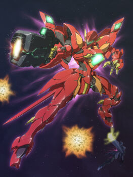 beam_rifle commentary_request energy_gun explosion gafran gun gundam gundam_age highres holding holding_gun holding_weapon humanoid_robot mecha mecha_focus mobile_suit nandz no_humans robot science_fiction space v-fin weapon zeydra