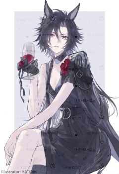 1girl air_shakur_(umamusume) alcohol animal_ears belt black_belt black_cape black_dress black_gloves black_hair cape cup dress drinking_glass eyebrow_piercing face_piercing gloves highres holding holding_cup horse_ears horse_girl horse_tail long_hair looking_at_viewer parted_lips piercing side_cape single_bare_shoulder single_glove sk1y_as solo tail umamusume wine wine_glass yellow_eyes