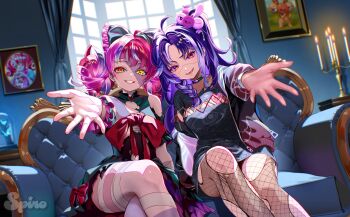 2girls absurdres bandaged_leg bandages black_bow black_dress bow bug butterfly candle candlestand colored_skin crossed_legs double_bun dress earrings fishnet_pantyhose fishnets green_eyes grey_skin grin hair_bow hair_bun heterochromia highres hololive hololive_indonesia indoors insect jacket jared_(michi_mochievee) jewelry kureiji_ollie kureiji_ollie_(1st_costume) long_hair michi_mochievee michi_mochievee_(1st_costume) mismatched_pupils multicolored_eyes multicolored_hair multiple_girls outstretched_arm pantyhose patchwork_skin pink_hair purple_eyes purple_hair purple_jacket red_eyes red_hair red_ribbon ribbon single_earring sitting smile spiro_(supirou2052) stitched_face stitches symbol-shaped_pupils teeth torn_clothes torn_pantyhose virtual_youtuber vshojo window x-shaped_pupils zipper_pull_tab zombie