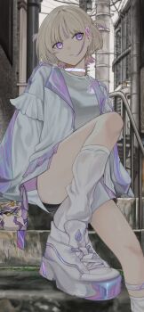 1girl absurdres alley banpen_(todoroki_hajime) blonde_hair blurry blurry_background choker closed_mouth etou_yuuhi foot_out_of_frame hair_ornament hairclip hashtag-only_commentary highres iridescent_clothes hololive hololive_dev_is jacket long_sleeves looking_at_viewer loose_socks multicolored_hair open_clothes open_jacket outdoors platform_shoes puffy_long_sleeves puffy_sleeves purple_eyes purple_hair shirt shoes short_hair shorts sitting sneakers socks solo stairs streaked_hair sunglasses todoroki_hajime todoroki_hajime_(1st_costume) triangular_eyewear two_side_up utility_pole virtual_youtuber white_jacket white_shirt white_shoes white_shorts white_socks