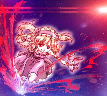 1girl bare_shoulders blonde_hair blue_eyes boku_wa_tomodachi_ga_sukunai commentary_request dashing doll dress foreshortening full_body hairband hand_up hasegawa_kobato heterochromia highres holding holding_doll lolita_hairband long_hair looking_at_viewer official_artist_extra open_mouth red_eyes running sleeveless sleeveless_dress smile solo splashing standing standing_on_one_leg stuffed_animal stuffed_rabbit stuffed_toy two_side_up v v_over_eye watanabe_yoshihiro wrist_cuffs