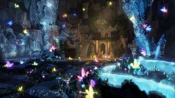 3d absurdres banner blender_(medium) book bookshelf cave cave_interior chandelier coin commentary crystal english_commentary foxeleos glowing_crystal glowing_mushroom gold_coin highres mushroom no_humans original photoshop_(medium) pillar plant potion rock scenery skull stairs stone_wall table vines wall water watermark