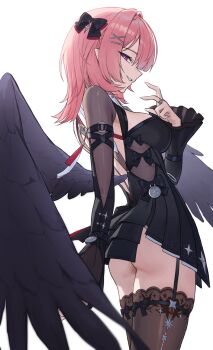 Rule 34 | 1girl, ass, black bow, black dress, black wings, bodystocking, bow, breasts, brown thighhighs, commentary, cowboy shot, dress, from side, garter belt, gonplap, grin, hair between eyes, hair bow, half-closed eyes, hand up, highres, large breasts, looking at viewer, medium hair, pink hair, pointy ears, purple eyes, ramiel (zenless zone zero), simple background, smile, solo, thighhighs, white background, wings, zenless zone zero