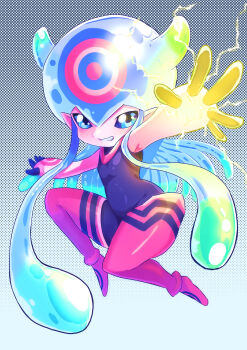 1girl absurdres black_background black_bodysuit blue_eyes blue_hair bodysuit colored_skin commentary_request digimon digimon_(creature) electricity full_body hasegawa_(hase_popopo) highres jellymon pink_skin pointy_ears polka_dot polka_dot_background solo tentacle_hair white_background