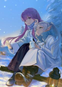 2girls asukayou blue_scarf chinese_commentary commentary_request cup elf fern_(sousou_no_frieren) frieren green_eyes highres holding holding_cup lantern legs_together long_hair long_skirt looking_at_another looking_up mug multiple_girls outdoors pine_tree pointy_ears purple_eyes purple_hair purple_skirt robe scarf short_eyebrows sitting skirt snow snow_on_tree sousou_no_frieren sparks steam stoking sunrise tree twintails white_hair white_robe winter