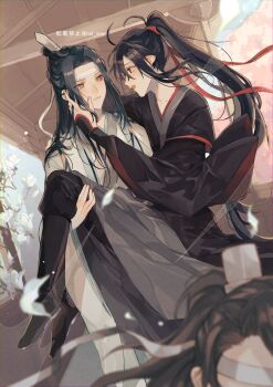 Rule 34 | 3boys, ahoge, amana raika, architecture, bishounen, black boots, black hair, black hanfu, black pants, blurry, blush, boots, branch, carrying, chinese clothes, closed mouth, commentary request, couple, east asian architecture, eye contact, falling petals, flower, grey eyes, hair ribbon, hand on another&#039;s cheek, hand on another&#039;s face, hanfu, headband, high ponytail, highres, lan jingyi, lan wangji, light particles, long hair, long sleeves, looking at another, male focus, modao zushi, multiple boys, open mouth, pants, petals, pink flower, ponytail, princess carry, profile, red ribbon, ribbon, robe, sidelocks, smile, standing, topknot, tree, twitter username, wei wuxian, white flower, white hanfu, white headband, wide sleeves, xiao guan (headdress), yaoi, yellow eyes