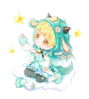 1girl absurdres animal_costume animal_ear_hood ankle_socks aqua_arm_warmers aqua_boots aqua_cloak aqua_dress aqua_socks aqua_tail aqua_wings arm_warmers bell black_horns black_pantyhose black_shirt blonde_hair boots chibi chinese_commentary cloak closed_mouth commentary_request deepwood_dream_(infinity_nikki) dragon_costume dragon_horns dragon_tail dragon_wings dress expressionless fake_animal_ears fake_tail fake_wings fur_arm_warmers fur_boots hand_on_own_chest hat_ornament heart heart_print highres hood hood_up hooded_cloak horned_hood horns infinity_nikki kneeling lace lace-trimmed_dress lace_trim layered_legwear light_blush looking_at_object medium_dress multicolored_boots neck_bell nikki_(series) on_cloud pantyhose paw_shoes print_dress print_pantyhose reaching sample_watermark shenqi_tuoxie_zai_nali shirt short_hair simple_background sleeveless sleeveless_shirt small_horns socks solo spiked_tail star_(symbol) star_hat_ornament star_print stitches striped_clothes striped_horns striped_socks tail tareme too_many_watermarks turtleneck turtleneck_shirt two-tone_arm_warmers two-tone_boots upturned_eyes vertical-striped_clothes vertical-striped_socks watermark white_arm_warmers white_background white_boots wings yellow_eyes