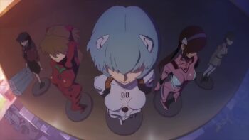 5girls animated ayanami_rei creepy female_focus figure fisheye glasses ibuki_maya katsuragi_misato makinami_mari_illustrious me!me!me! mecha_pilot_suit multiple_girls neon_genesis_evangelion plugsuit red_eyes shelf smile sound souryuu_asuka_langley tagme third-party_edit video