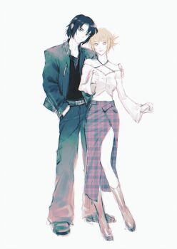 1boy 1girl alternate_costume arm_around_shoulder athrun_zala black_shirt blonde_hair blue_hair boots breasts cagalli_yula_athha commentary_request couple grey_jacket grey_pants gundam gundam_seed hand_in_pocket hand_on_another's_shoulder hetero highres inhouhou jacket light_smile long_skirt medium_breasts midriff off-shoulder_shirt off_shoulder pants parted_bangs plaid_clothes plaid_skirt shirt side_slit skirt updo white_background white_shirt