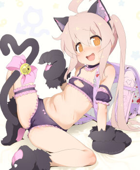 1girl akazawa_red animal_ears animal_hands backpack bag bell black_bra black_panties blonde_hair blush bow bra cameltoe cat_cutout cat_ears cat_lingerie cat_paws cat_tail choker cleavage_cutout clothing_cutout fake_animal_ears fake_tail fang female_focus frilled_bra frilled_thigh_strap frills genderswap genderswap_(mtf) gloves highres jingle_bell loli long_hair looking_at_viewer navel neck_bell onii-chan_wa_oshimai! open_mouth oyama_mahiro paid_reward_available panties paw_gloves paw_pose paw_shoes purple_bag randoseru ribbon solo spread_legs tail tail_bell tail_bow tail_ornament tail_ribbon thigh_strap twintails underwear underwear_only