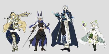 2boys 2girls absurdres alternate_costume animal_ear_piercing animal_ears armor armored_boots armored_dress belt black_hat black_pants black_shoes blonde_hair blue_cloak blue_scarf book boots breastplate brown_belt brown_boots cape cloak commentary_request cyno_(genshin_impact) dark-skinned_male dark_skin dress drill_hair full_body fur-trimmed_cape fur_trim genshin_impact green_dress grey_background gyoukan_(jfxc) hat high_heel_boots high_heels highres holding holding_book holding_staff holding_sword holding_weapon jackal_ears long_hair mage_staff midriff multiple_boys multiple_girls mystical_high_collar nahida_(genshin_impact) navia_(genshin_impact) neuvillette_(genshin_impact) over_shoulder pants pauldrons red_eyes scarf shirt shoes shoulder_armor staff sword two-tone_dress weapon weapon_over_shoulder white_cape white_dress white_hair white_shirt