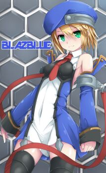 Rule 34 | 1girl, beret, black thighhighs, blazblue, blazblue: calamity trigger, blazblue: central fiction, blazblue: chronophantasma, blazblue: continuum shift, blonde hair, blue hat, copyright name, female focus, green eyes, hat, jacket, looking at viewer, necktie, noel vermillion, red necktie, solo, thighhighs, uniform, uumaru, v-shaped eyebrows