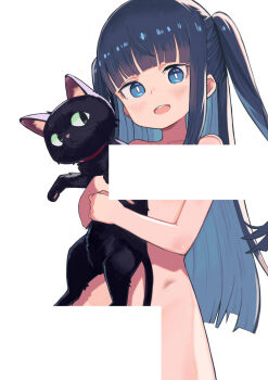 1girl animal bar_censor black_cat blue_eyes cat censored commentary_request highres holding holding_animal holding_cat loli long_hair monomono nude open_mouth original simple_background smile solo white_background