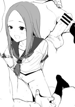 black_socks blush bottomless cheating_(relationship) cowgirl_position grinding h2o_(ddks2923) hand_on_another's_thigh hand_on_another's_waist imminent_penetration karakai_jouzu_no_takagi-san loli older_male_and_younger_female open_mouth sailor_collar school_uniform smile socks straddling takagi-san