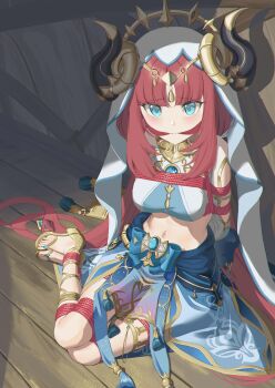 1girl absurdres aqua_eyes arms_behind_back bdsm blue_gemstone blush bondage bound bound_ankles bound_arms bound_legs bound_torso bound_wrists breast_bondage breasts cailin020 circlet cleave_gag cloth_gag crop_top dancer fake_horns gag gagged gem genshin_impact gladiator_sandals gold_sandals gold_trim harem_outfit highres horns improvised_gag jewelry long_hair long_sleeves looking_at_viewer medium_breasts navel neck_ring nilou_(genshin_impact) puffy_long_sleeves puffy_sleeves red_hair red_rope restrained rope sandals shibari shibari_over_clothes sitting skirt solo stomach thighlet twintails veil very_long_hair white_headdress white_veil yokozuwari