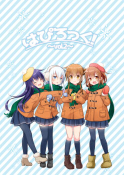 4girls :d akatsuki_(kancolle) alternate_costume black_pantyhose black_socks black_thighhighs blue_background blue_eyes blue_hair blue_mittens blue_skirt boots brown_boots brown_eyes brown_hair closed_eyes coat comiket_91 commentary_request earmuffs fang folded_ponytail full_body green_scarf grey_boots hair_between_eyes hair_ornament hairpin hat hibiki_(kancolle) highres ikazuchi_(kancolle) inazuma_(kancolle) kantai_collection kneehighs long_hair long_sidelocks looking_at_viewer medium_hair miniskirt mittens motohara_moka multiple_girls open_mouth orange_coat pantyhose pleated_skirt purple_hair purple_mittens red_hat red_mittens scarf sidelocks simple_background skirt smile snowflakes socks standing striped_background thighhighs translation_request very_long_hair white_background winter_clothes yellow_hat yellow_mittens