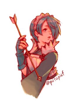 1girl arrow_(projectile) blue_eyes blue_hair fire_emblem fire_emblem_fates hair_over_one_eye hairband highres holding holding_arrow japanese_clothes nintendo patapiaf setsuna_(fire_emblem) short_hair solo