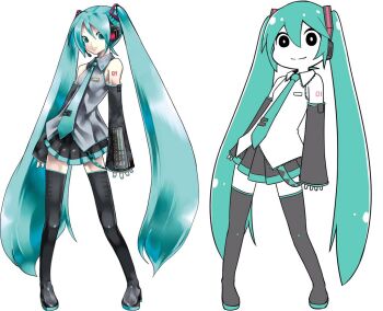 1girl aqua_eyes aqua_hair aqua_nails aqua_necktie bare_shoulders belt black_skirt black_sleeves black_thighhighs blouse boots colored_skin commentary contrapposto derivative_work detached_sleeves full_body grey_shirt gyari_(imagesdawn)_(style) hair_ornament hatsune_miku headphones headset kei_(keigarou) long_hair looking_at_viewer miniskirt multiple_views nail_polish necktie number_tattoo pleated_skirt reference_work rennkurusu shirt shoulder_tattoo skirt sleeveless sleeveless_shirt sleeves_past_wrists smile standing tattoo thigh_boots thighhighs twintails very_long_hair vocaloid vocaloid_boxart_pose white_background white_skin zettai_ryouiki