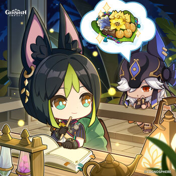 2boys absurdres ancient_egyptian_clothes animal_ear_fluff animal_ears bench black_gloves black_hair book brown_eyes chibi closed_mouth commentary copyright_name cyno_(genshin_impact) dark-skinned_male dark_skin english_commentary forest_watcher's_choice_(genshin_impact) fox_boy fox_ears genshin_impact gloves green_eyes green_pupils green_streaks grey_hair hair_over_one_eye head_rest highres holding holding_pencil long_hair looking_at_another male_focus medium_hair multicolored_eyes multicolored_hair multiple_boys official_art open_book pencil red_eyes sitting smile spoken_object streaked_hair tighnari_(genshin_impact) two-tone_eyes wooden_floor