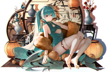 Rule 34 | 1girl, absurdres, aqua hair, bare legs, bare shoulders, barefoot, black nails, breasts, china dress, chinese clothes, clothing cutout, commentary request, dress, fur shawl, green dress, grey eyes, hair between eyes, hatsune miku, highres, long hair, shawl, sleeveless, sleeveless dress, small breasts, solo, thigh strap, tiandingfengren, twintails, underboob, underboob cutout, very long hair, vocaloid