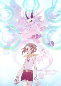 Rule 34 | 1girl, bare shoulders, black shorts, body fur, brown eyes, brown hair, commission, cowboy shot, d-3 (digimon), digimon, digimon (creature), digimon adventure 02, dragon, firing, green eyes, highres, holydramon, lanlllan, laser, pink fur, shirt, short hair, shorts, sleeveless, sleeveless shirt, watch, white background, wristwatch, yagami hikari