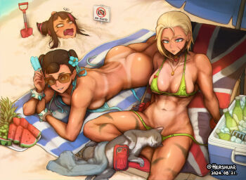 3girls abs arm_support artist_name ass beach beach_towel beach_umbrella bikini black_choker black_hair blonde_hair blue_bikini blue_eyes bodypaint bottle bracelet breast_press breasts buried cammy_white can capcom cat cellphone choker chun-li cleavage clothed_female_nude_female cooler dated day double_bun drink_can elbow_rest english_text fang feet_out_of_frame female_focus flower food fruit grapes green_bikini hair_bun hair_flower hair_horns hair_ornament hair_ribbon halterneck han_juri head_between_thighs head_bump hershuar holding_food holding_popsicle ice ice_cube jewelry large_breasts linea_alba long_hair looking_at_animal lying median_furrow micro_bikini multicolored_hair multiple_girls muscular muscular_female navel necklace necklace_between_breasts no_symbol nude on_ground on_stomach open_mouth outdoors paw_print paw_print_pattern pendant_choker phone pineapple popsicle reclining ribbon sand shadow short_hair shovel side-tie_bikini_bottom sideboob sign sitting smartphone smartphone_case spiked_bracelet spikes streaked_hair street_fighter street_fighter_6 string_bikini sunglasses swimsuit tan tanline the_pose thong_bikini tinted_eyewear toned tongue tongue_out towel umbrella unfastened union_jack untied_bikini vack water watermark watermelon watermelon_slice yellow_eyes