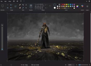 1boy art_program_in_frame brown_hair chest_tattoo christian_young colored_veins commentary elden_ring english_commentary full_body grey_sky holding holding_weapon horizon looking_at_viewer medium_hair microsoft_paint_(medium) microsoft_paint_(software) muscular muscular_male no_shirt painterly radagon_of_the_golden_order screencap severed_hand sky solo standing tattoo weapon