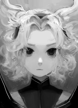 1girl bare_shoulders closed_mouth expressionless eyelashes grey_background greyscale hair_ears hashtag-only_commentary hatsburg headphones light_frown lips monochrome nostrils realistic shirt short_hair simple_background sleeveless sleeveless_shirt solo straight-on thick_eyebrows touhou toyosatomimi_no_miko turtleneck turtleneck_shirt upper_body wavy_hair zipper